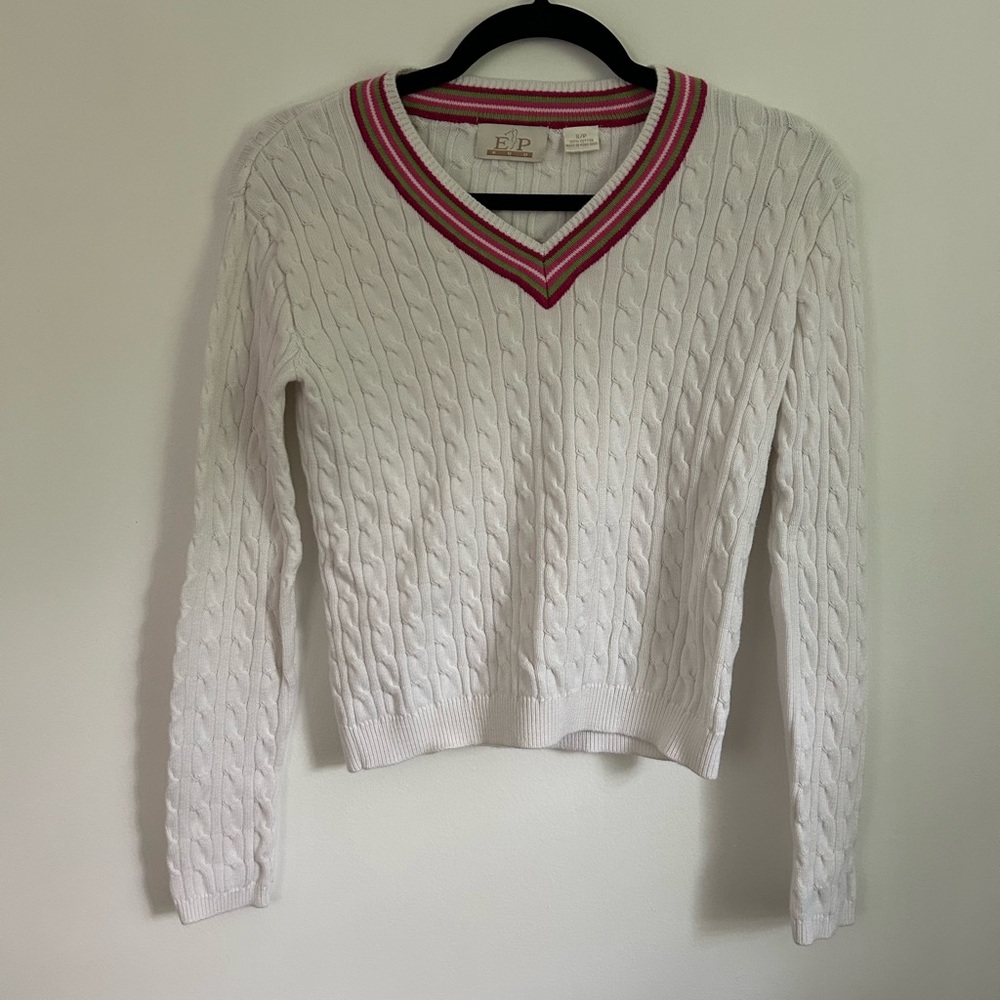 EP Pro White Cable Knit Sweater with Pink V-Neck Trim